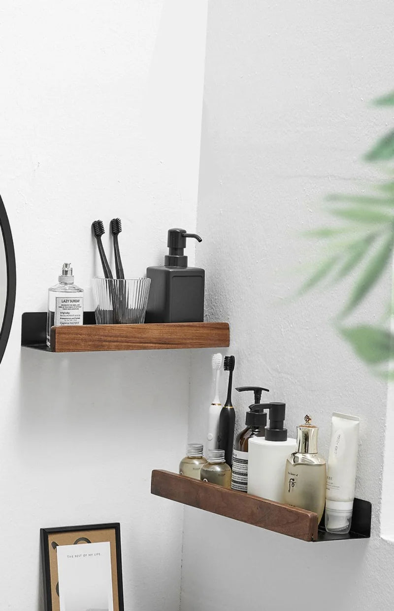 Punch-Free Wooden Bathroom Shelf