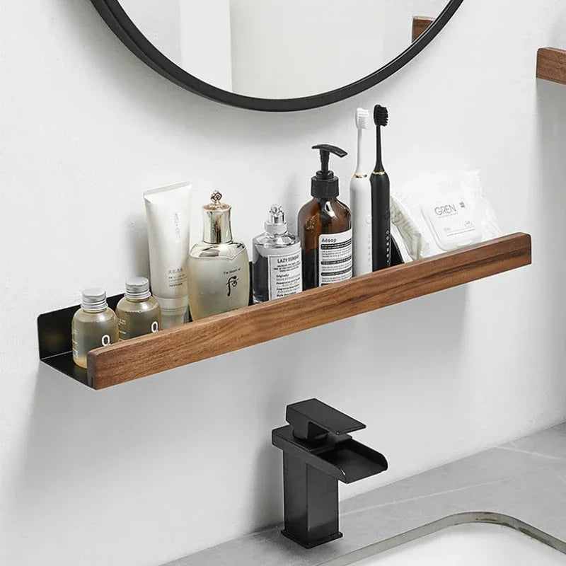 Punch-Free Wooden Bathroom Shelf